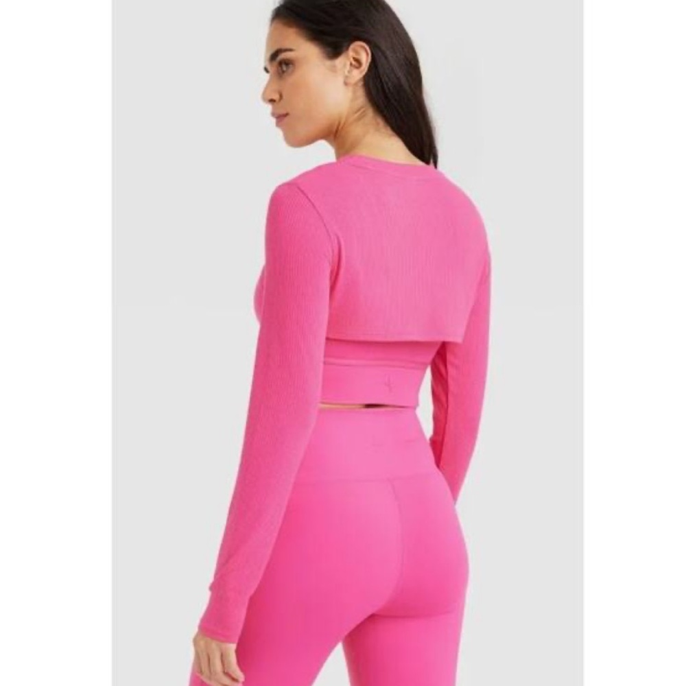 Joy Lab Pink Black Ribbed Long Sleeve Crop Shrug Athletic Top NWT - Picture 2 of 5